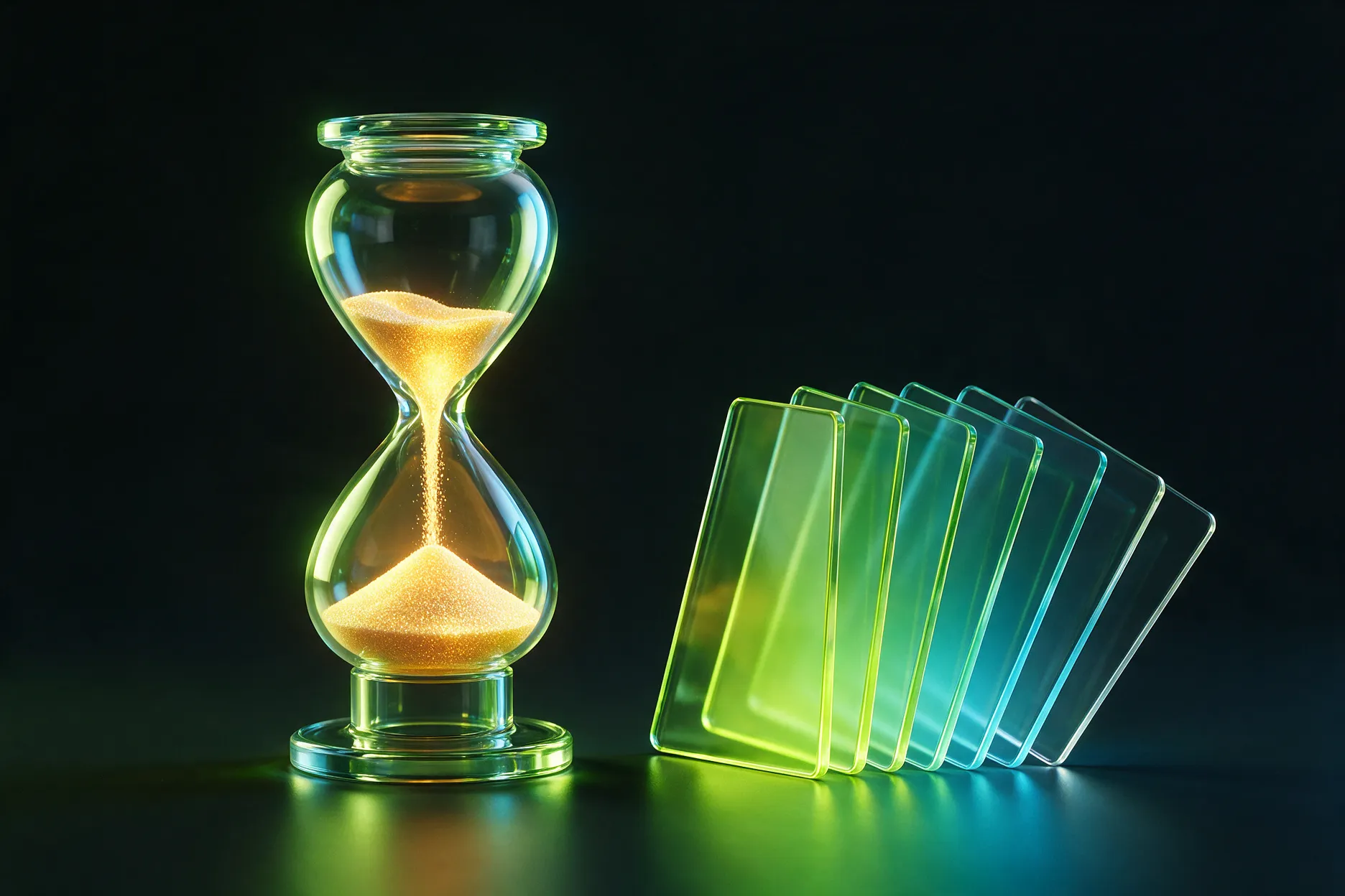 Sablier en verre à côté d'un éventail de cartes qui s'effacent progressivement