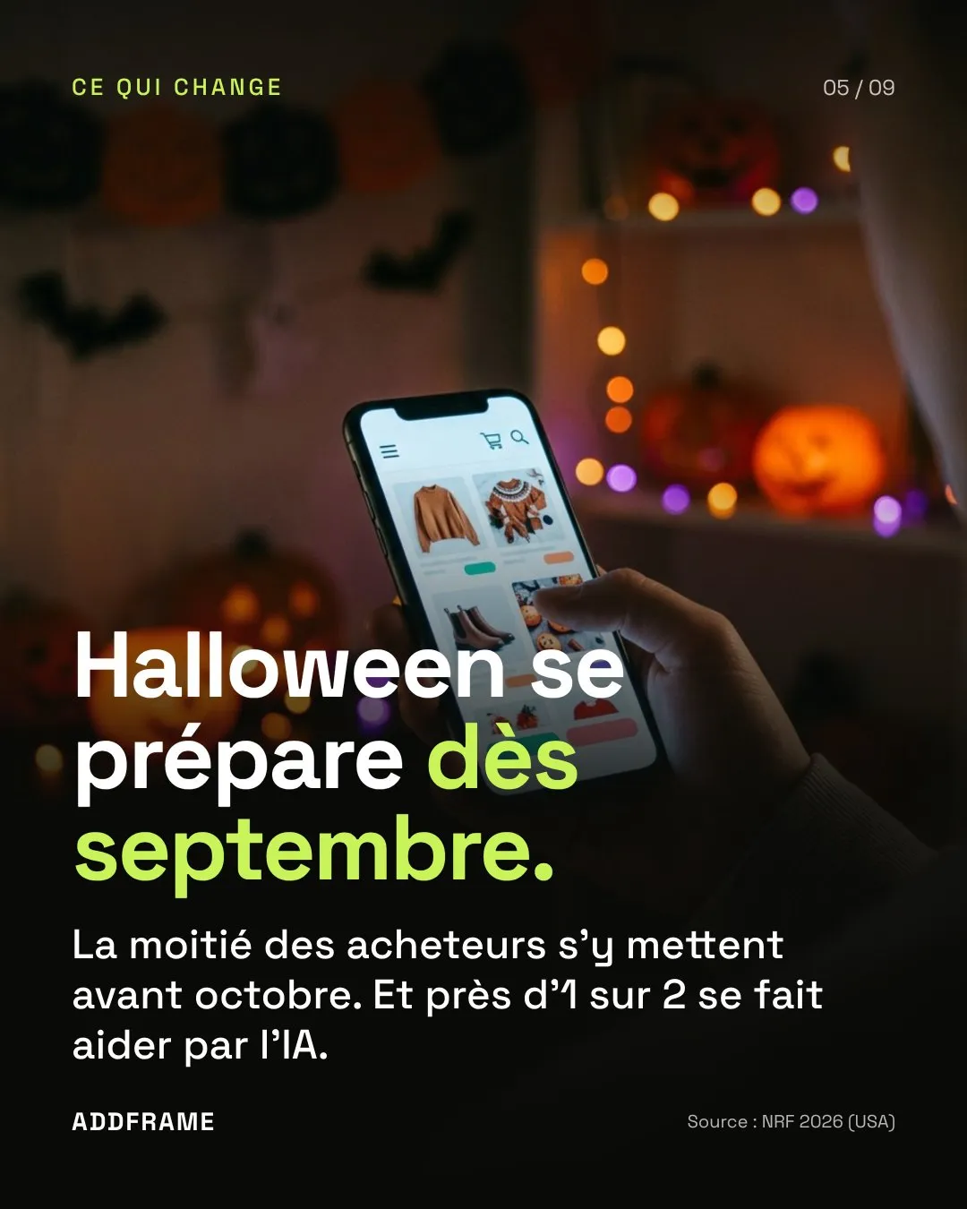 Slide 5 : Halloween se prépare dès septembre. La moitié des acheteurs s'y mettent avant octobre, et près d'un sur deux se fait aider par l'IA.