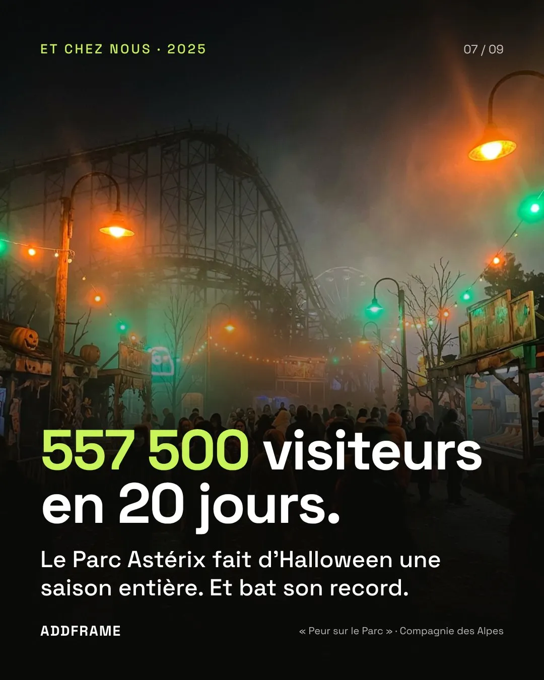 Slide 7 : 557 500 visiteurs en 20 jours. Le Parc Astérix fait d'Halloween une saison entière et bat son record.