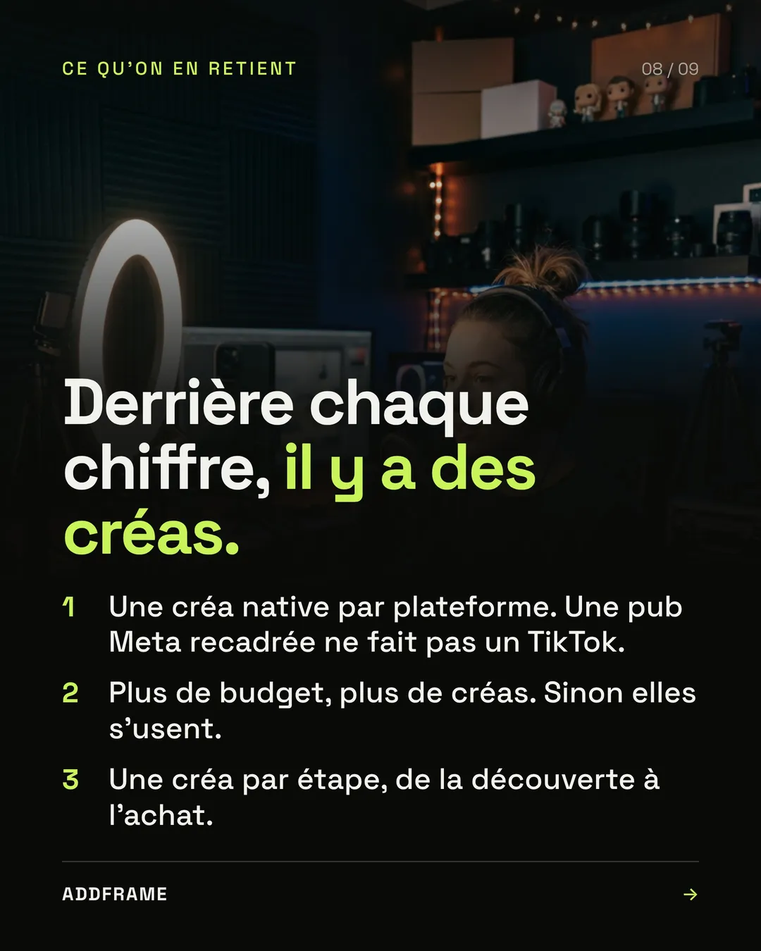 Slide 8 : derrière chaque chiffre, il y a des créas. 1, une créa native par plateforme. 2, plus de budget, plus de créas. 3, une créa par étape, de la découverte à l'achat.
